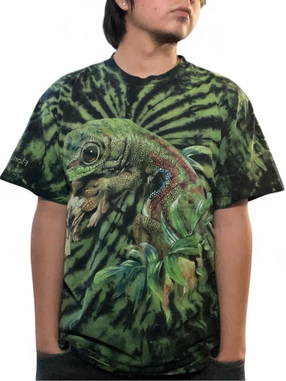 Vintage 90s Habitat Green Tie Dye‎ Lizard Iguana Graphic T-Shirt Florida Keys